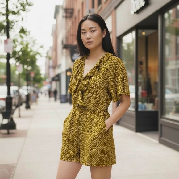 Cotton On Geometric Romper Black and Yellow Ruffled Neckline Pockets Size Medium - Picture 1 of 7